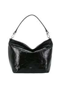 Black leather handbag with a shiny texture, unique V-shaped opening, and a single shoulder strap. Features subtle branding on the front.