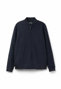 Navy zip-up jack met een ronde kraag, twee zijzakken en geribbelde mouwen. Gemaakt van zachte, gemêleerde stof. Minimalistisch ontwerp.