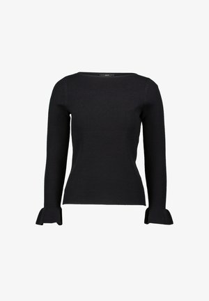 Zwarte geribbelde gebreide trui met lange mouwen, een rechte pasvorm en uitlopende manchetten. Heeft een brede, ronde halslijn en textuurstof.