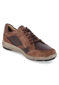 Chaussure décontractée à lacets pour homme en cuir marron et daim avec semelle beige, conçue pour le confort et un usage quotidien.