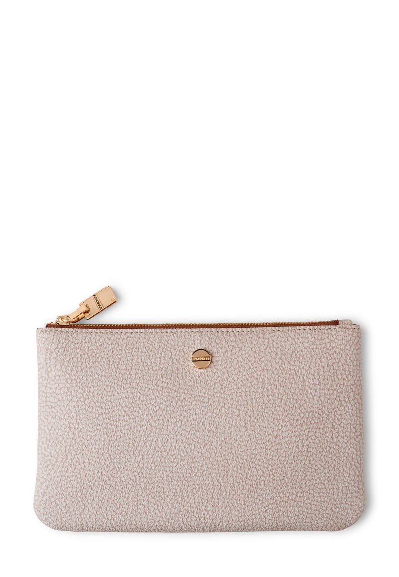 Pochette in pelle testurizzata rosa chiaro con cerniera e dettagli dorati. Presenta un piccolo logo dorato sulla parte anteriore per il branding.