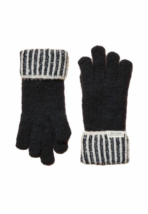 Mănuși negre tricotate cu manșete cu dungi albe și negre, o mănușă arătând palma și cealaltă partea superioară, cu o etichetă mică „Joules”.