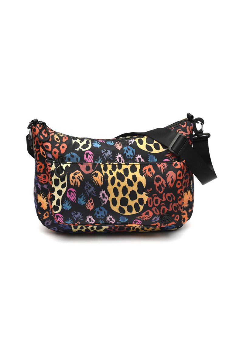 VečBarvna vzorčasta torbica čez ramo z črnim ozadjem, ki prikazuje živalske vzorce in trpežno tkivo. Nastavljiv trak in zadrga.