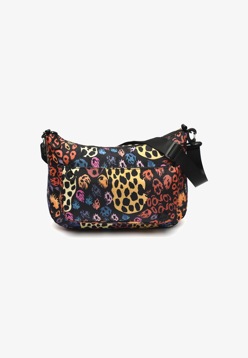 Borsa a tracolla multicolore con uno sfondo nero, caratterizzata da stampe di animali e un tessuto resistente. Cinghia regolabile e chiusura con zip.
