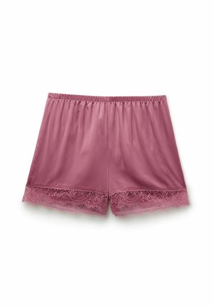 Satin short in stoffige roos met een elastische tailleband en fijne kantafwerking aan de zoom, die zorgt voor een gladde textuur en een ontspannen pasvorm.