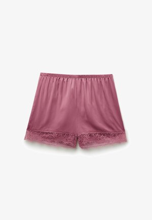 Satin short in stoffige roos met een elastische tailleband en fijne kantafwerking aan de zoom, die zorgt voor een gladde textuur en een ontspannen pasvorm.