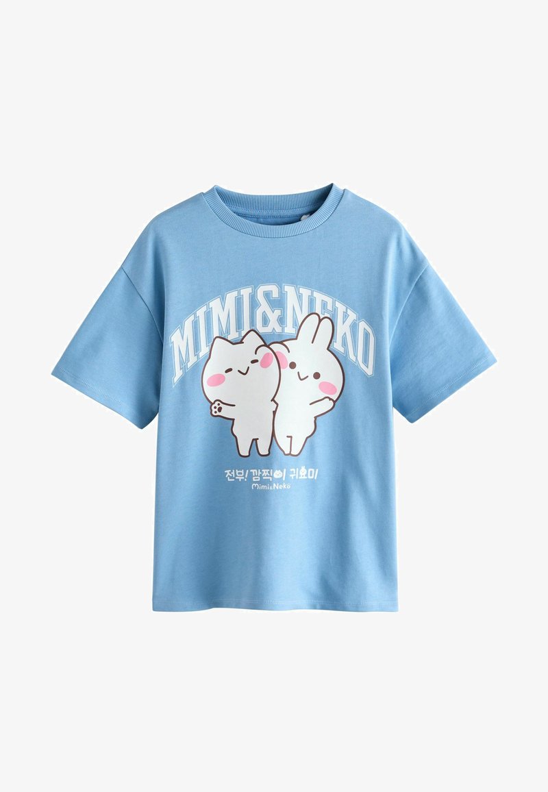 Lyseblå bomulds t-shirt med et legende grafisk billede af en kat og en kanin, med teksten "Mimi & Neko" ovenfor og koreanske tegn nedenfor.