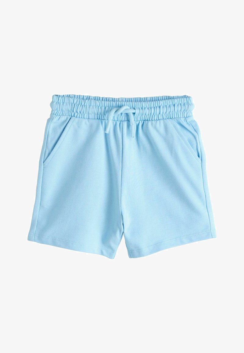 Pantaloncini azzurri realizzati in un tessuto morbido, con elastico in vita, coulisse e due tasche laterali.