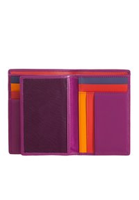 Portafoglio in pelle viola con più scomparti per carte in arancione, rosso, grigio e giallo. Dotato di una finestra trasparente per l'ID e un interno texturizzato.