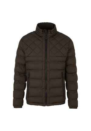 Braune gesteppten Steppjacke mit Reißverschluss, hohem Kragen und seitlichen Taschen. Verfügt über gepolsterte Bereiche zur Isolierung und eine glatte Oberfläche.