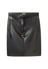 Schwarze Lederette mit glatter Textur, Kordelzugbund und zwei seitlichen Taschen. Verfügt über einen geraden Schnitt und minimalistisches Design.