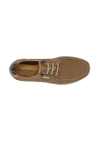 Scarpa in pelle marrone con lacci e punta rotonda, accenti blu a contrasto e cuciture beige. Texture liscia e suola in gomma piatta.