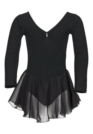 Schwarzer Langarm-Body mit tiefem V-Ausschnitt und drei dekorativen Knöpfen an der Brust, mit einem durchsichtigen Rock an der Taille.