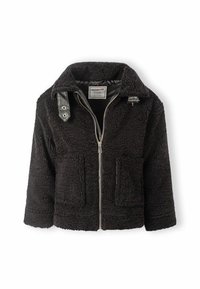 Čierna umelá kožušina so zipsom vpredu, golierom a ramennými akcentmi. Má dve predné vrecká a textúrovaný povrch.