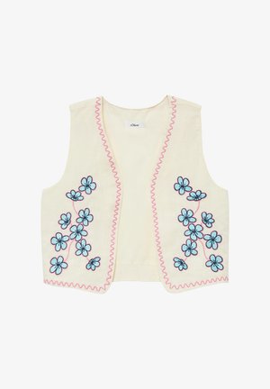 Kremowa kamizelka z różowymi falbankami i niebieskimi haftowanymi kwiatami po obu stronach. Otwarty przód, wykonana z lekkiego materiału.