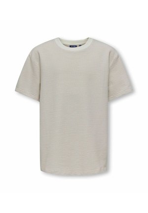 Beżowy, krótki rękaw, teksturowany T-shirt z okrągłym dekoltem i subtelnym wzorem waflowym, prezentowany na białym tle.