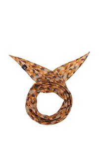Écharpe à motif dans des tons terreux d'orange, de marron et de bleu, avec une texture douce et une forme triangulaire aux extrémités pointues.