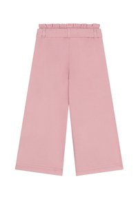 Roze wijde broekspijpen met een gerimpelde tailleband. Gemaakt van zachte stof, met schone naden en een minimalistisch ontwerp.