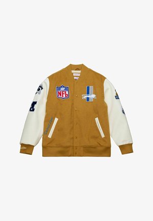 Braune Wool-Body-Collegejacke mit cremefarbenen Ärmeln. Mit NFL-Logo und Aufnähern. Gerippter Kragen und Bündchen, zwei Seitentaschen und gestickte Details.