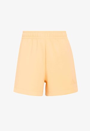 Elastīgas vidukļa šorti no maigas, gaiši dzeltenas auduma. Tiem ir vienkāršs dizains bez redzamiem rakstiem un neliels logotipa akcentu.