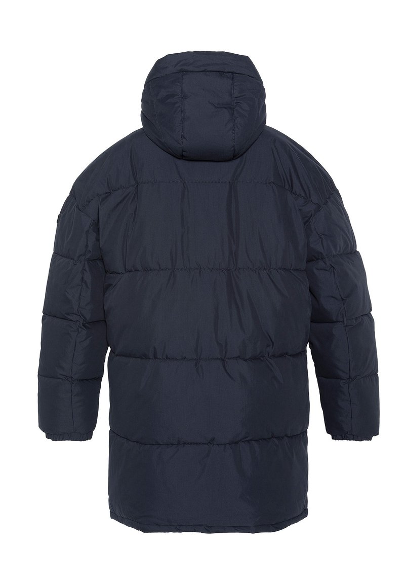 Veste rembourrée marine avec capuche, design matelassé et poignets élastiques. Le tissu a une texture lisse et est légèrement brillant.