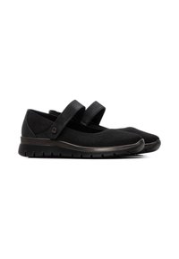 Zapatillas deportivas negras con una parte superior de punto transpirable, dos correas ajustables y una suela acolchada que presenta un patrón estriado para mejorar la tracción.