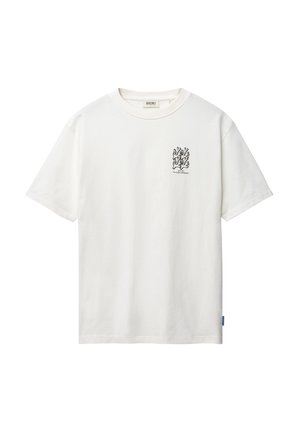 Weißes kurzärmeliges T-Shirt aus Baumwolle mit schwarzer korallenähnlicher Grafik und kleinem Text auf der oberen linken Brust, Rundhalsausschnitt und Markenschild im Krageninneren.