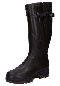 Brown waterproof rubber boot featuring a textured finish, adjustable strap, and a sturdy sole with traction patterns for grip.