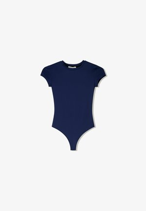 Bordo modra bodysuit s kratkimi rokavi, izdelana iz gladkega blaga. Ima okroglo izreza in visok izrez noge.