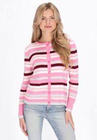 Cardigan în dungi roz, alb, marsala și gri. Are decolteu rotund, mâneci lungi și închidere frontală cu nasturi. Fabrică tricotată moale.