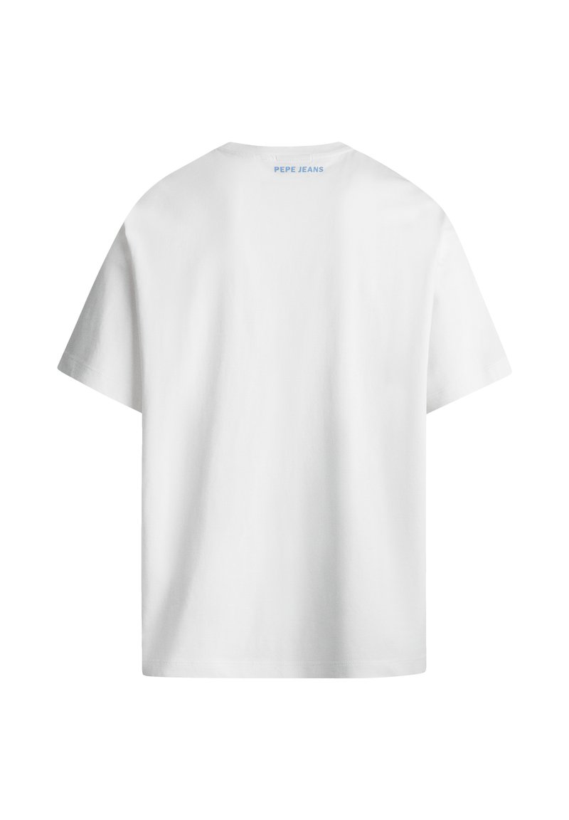 Biała bawełniana koszulka z okrągłym dekoltem i krótkimi rękawami. Na plecach w okolicy kołnierza znajduje się niebieski napis "PEPE JEANS".