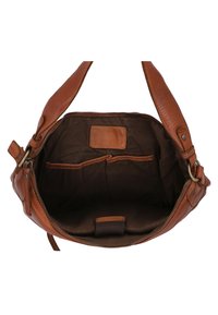 Braune Ledertasche mit Reißverschluss, ausgestattet mit einer strukturierten Außenseite, einem Stofffutter und mehreren Innentaschen.