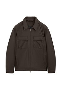 Dark brown zip-up jacket with two chest flap pockets and side pockets, featuring a pointed collar and long sleeves.
