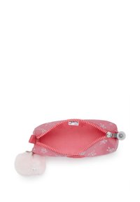 Pink pencil case with floral patterns, smooth material, zip closure, and a fluffy pink pom-pom attached to the zipper pull.