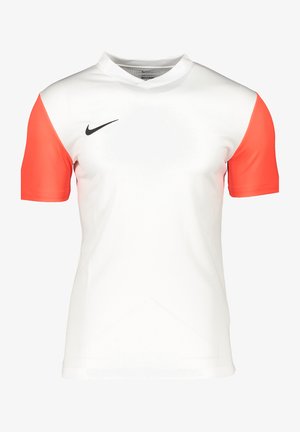 Nike Fußballtrikot, kurze Ärmel, weißer Körper mit orangen Akzenten, V-Ausschnitt-Design, aus atmungsaktivem Material gefertigt, mit Logo auf der Brust.