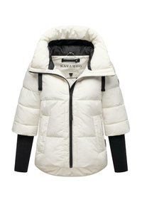 Witte pufferjack met een hoge kraag, ritssluiting en zwarte accenten. Voorzien van korte mouwen en grote voorzakken met een quiltontwerp.