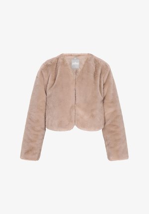 Kürzelleichte Kunstpelzjacke in hellem Beige, mit einer weichen, samtigen Textur, langen Ärmeln und einem runden Ausschnitt ohne sichtbare Verschlüsse.