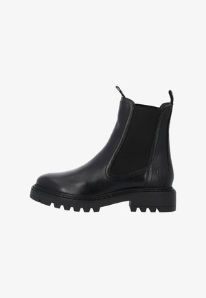 Zwarte leren enkellaars met elastische zijpanelen en een gestructureerde afwerking. Voorzien van een grove rubberen zool met een lichte hak en lussen om makkelijk aan te trekken.