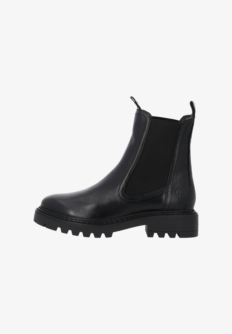 Schwarzer Leder-Stiefelette mit elastischen Seitenpaneelen und strukturiertem Finish. Verfügt über eine klobige Gummisohle mit leichtem Absatz und Schlaufen zum leichteren Anziehen.