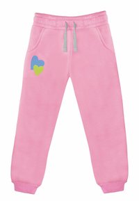 Lyserøde fleece joggebukser med elastisk talje, to sidelommer og to hjerte designs i blå og grøn på venstre lår.