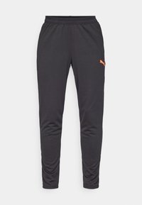 Black athletic pants made of lightweight fabric, featuring an elastic waistband and an orange Puma logo on the left thigh.