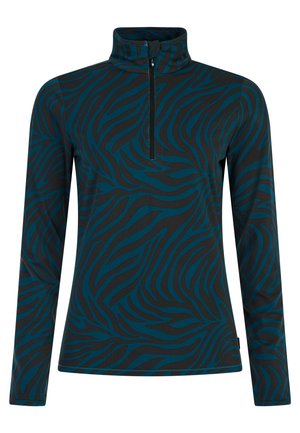 Pullover a maniche lunghe con un motivo a strisce zebra teal e nero, dotato di un alto colletto e una zip di un quarto di lunghezza per versatilità.