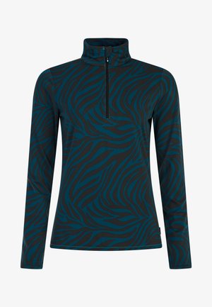Jersey de manga larga con un patrón de rayas de cebra en azul turquesa y negro, que presenta un cuello alto y una cremallera de un cuarto de longitud para mayor versatilidad.