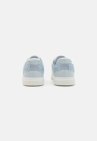 Light blue sneakers with white soles and contrasting mesh accents on the heel, featuring a smooth texture and rounded shape.