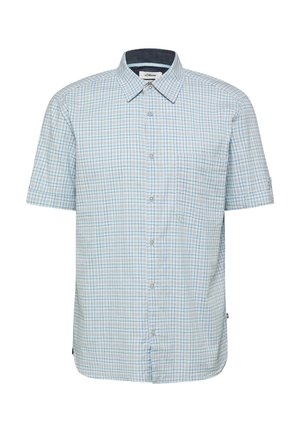 Jasnoniebieska koszula na krótki rękaw z subtelnym szarym i białym wzorem w kratę oraz przednią kieszenią na piersi.
