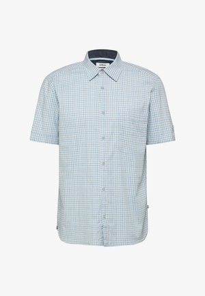 Chemise à manches courtes bleu clair avec un motif à carreaux subtil gris et blanc et une poche poitrine avant.
