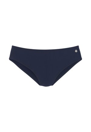 Navy blue bikini bottom made from smooth, stretchy fabric. Features a low-rise design and small metallic logo detail on the side.