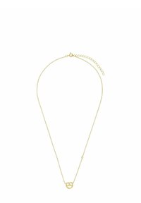 Collana dorata con catena sottile e un elemento centrale circolare che presenta due anelli intrecciati. Lunghezza regolabile con chiusura a moschettone.