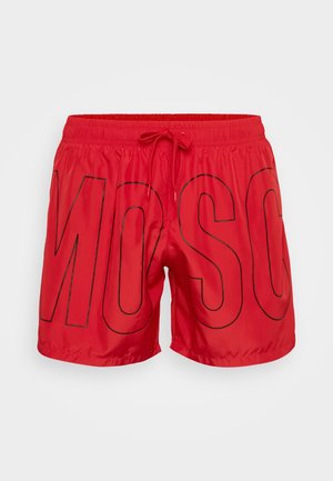 Raudoni maudymosi šortai su juodu "MOSC" užrašu, pagaminti iš lengvo audinio. Turi elastinį dirželį su raišteliu pritaikymui.
