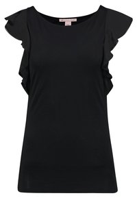 Czarny top z krótkim rękawem i okrągłym dekoltem, ozdobiony falbanami na ramionach, wykonany z gładkiego, lekkiego materiału.